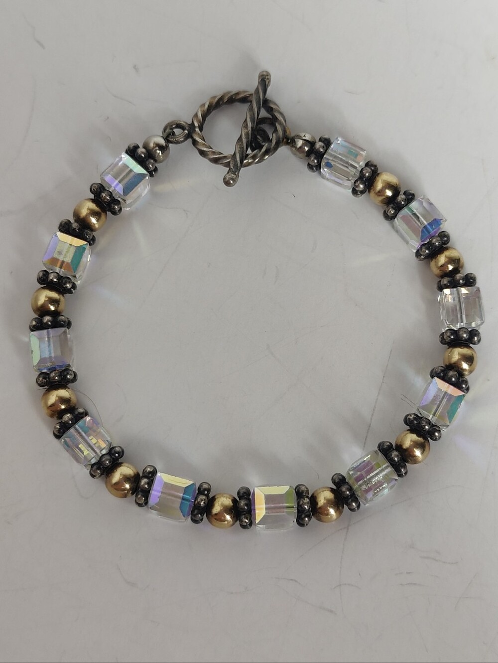 Vintage Crystal Toggle Bracelet AB Iridescent Glass Beads Bronze Tone Boho Glam